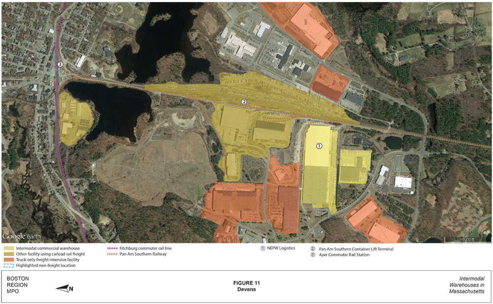 FIGURE 11. Devens
This is an aerial photo of part of the Devens redevelopment area with intermodal warehouses and other industrial land uses highlighted.

